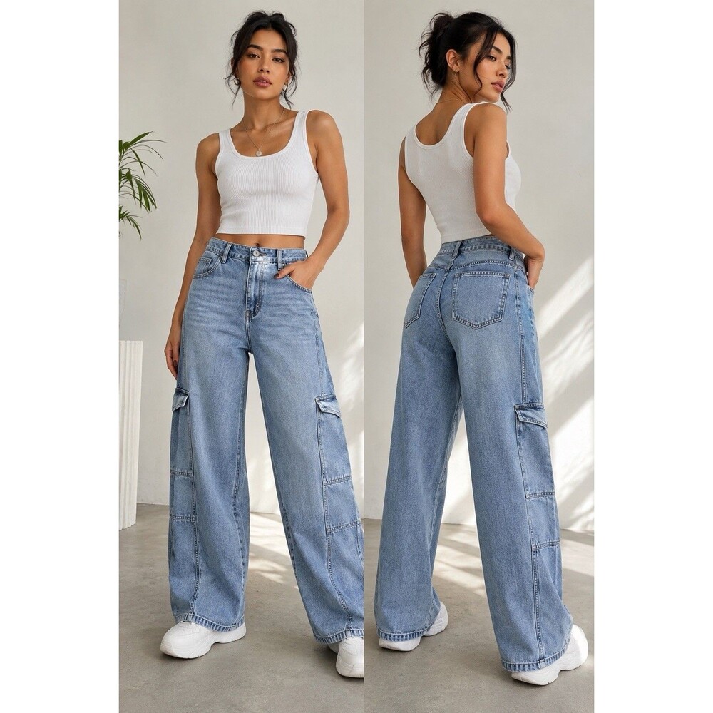 Project Indigo Women’s 9 Wide Leg Cargo Jeans Utility Denim Lyocell Cotton
